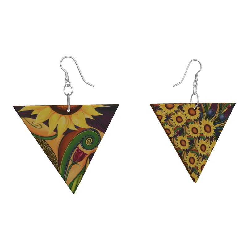 Holz-Ohrgehänge Dreieck „Sonnenblumen" – Geometrisches Design