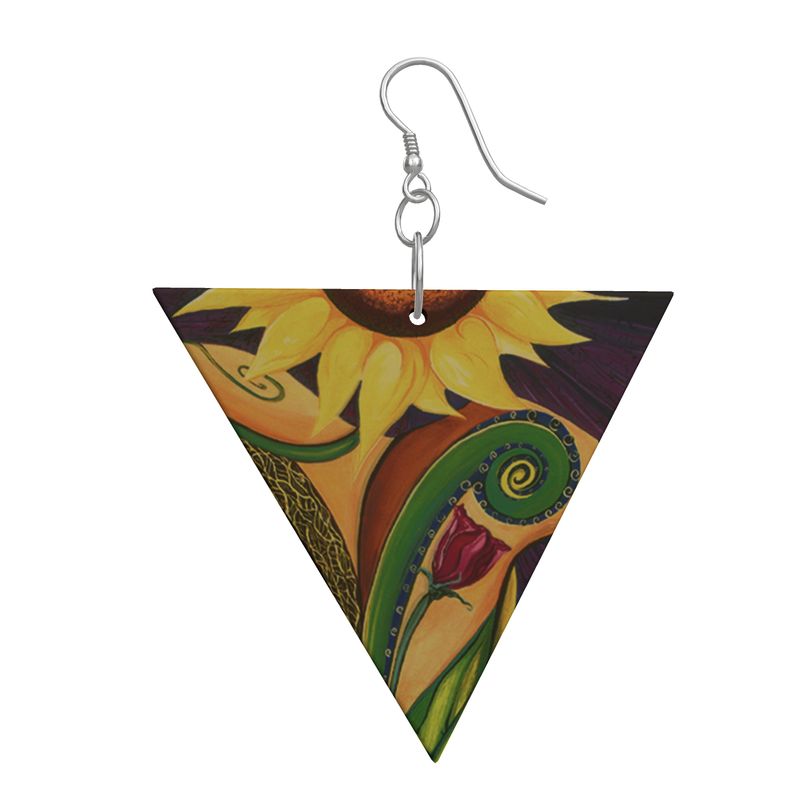 Holz-Ohrgehänge Dreieck „Sonnenblumen" – Geometrisches Design