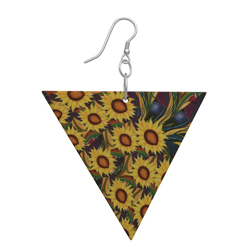 Holz-Ohrgehänge Dreieck „Sonnenblumen" – Geometrisches Design