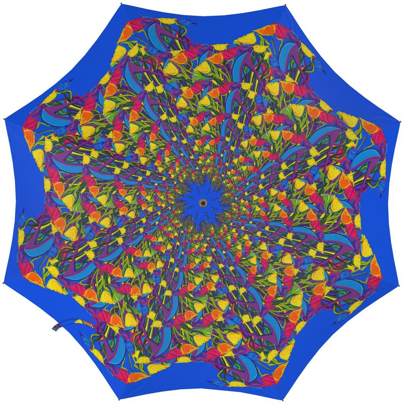 Designer-Regenschirm Tulpenhimmel mit bunten Tulpen vor strahlend blauem Himmel
