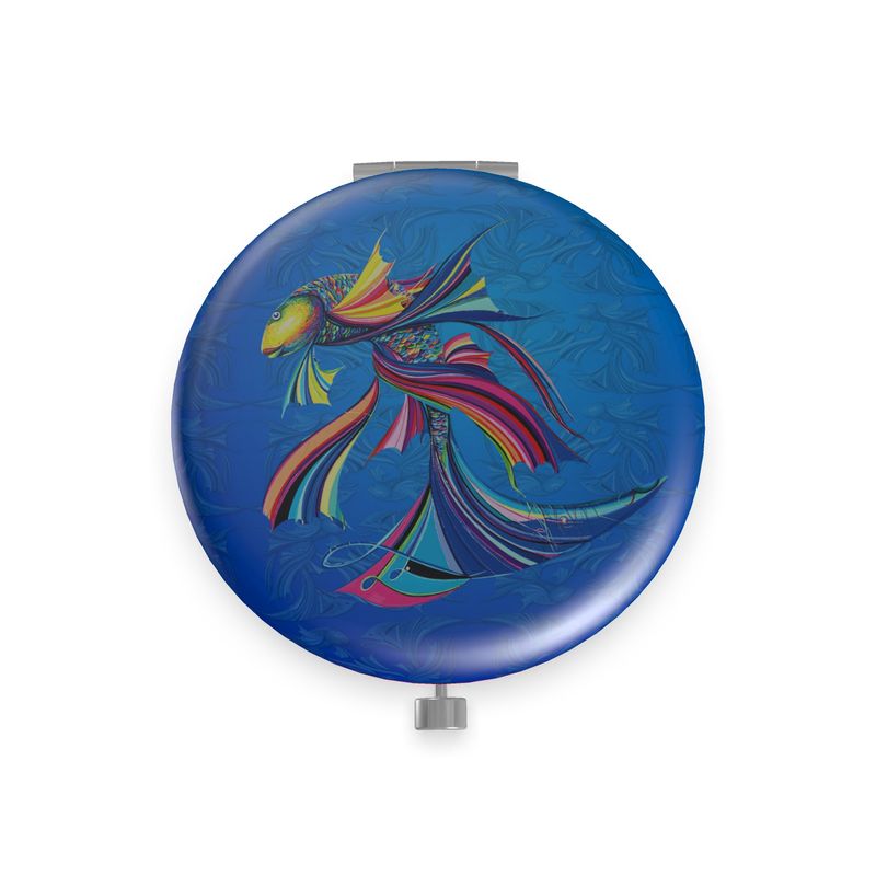 Designer-Taschenspiegel Fische mit kunstvollem Ausschnitt eines Originalgemäldes, Vorderansicht zeigt das Sternzeichen-Motiv