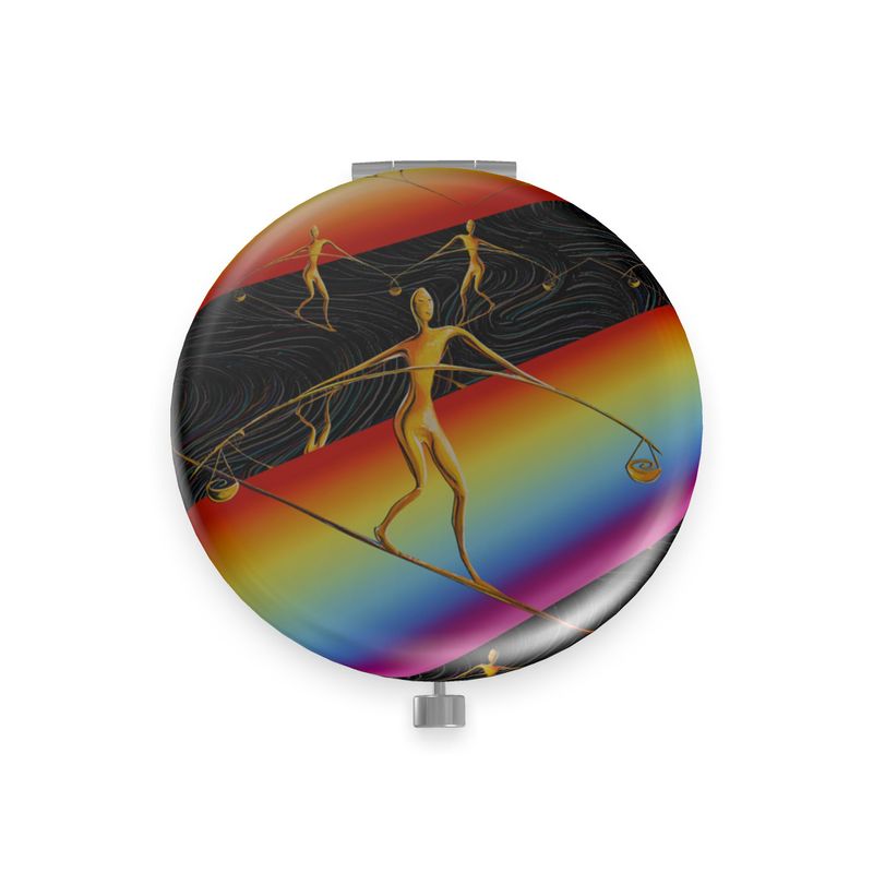 Designer-Taschenspiegel Sternzeichen Waage mit Seiltänzer-Motiv zwischen Sonnenschein und Regenwetter in sanft matten Farben, runde Form aus hochwertigem Metall mit matter Oberfläche