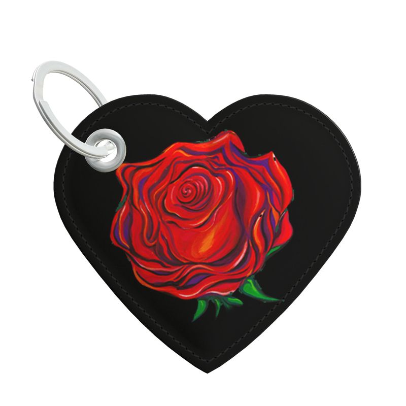  Schlüsselanhänger Herz aus hochwertigem Nappaleder mit einzelner Rose aus dem Motiv Edelmut, graue Nähte und silberne Metallteile