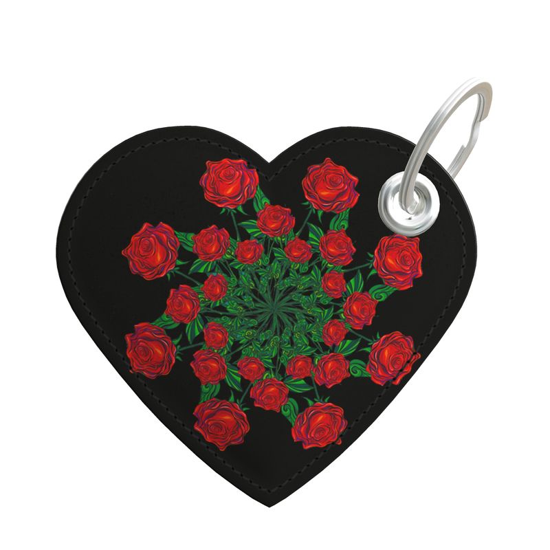 Schlüsselanhänger Edelmut – Rückseite mit kunstvollem Rosenarrangement, beidseitig bedrucktes Leder-Accessoire in Herzform