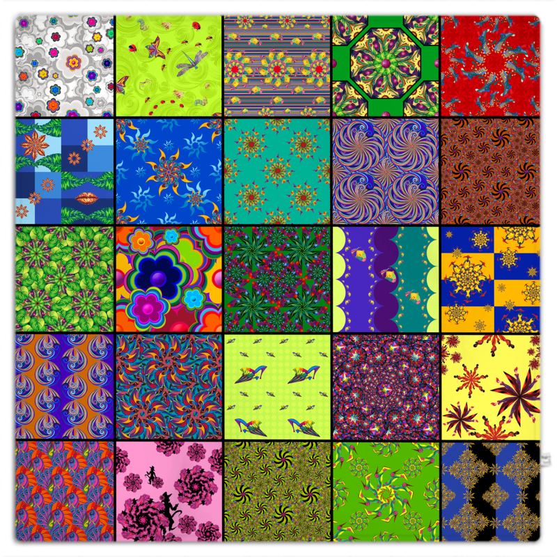 Designer-Picknickdecke Patchwork mit 25 verschiedenen Kunstmustern in bunten Farben, wasserabweisende Unterseite für Outdoor-Nutzung