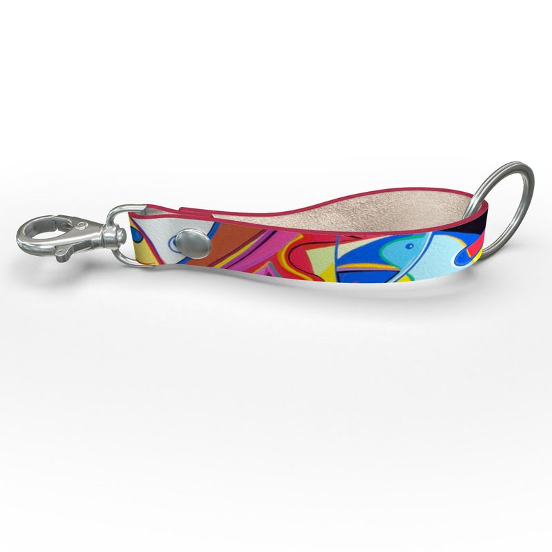 Leder-Schlüsselband Bunt auf Bunt mit Markenlogo, hochwertiges schwarzes Leder mit Metallkarabiner