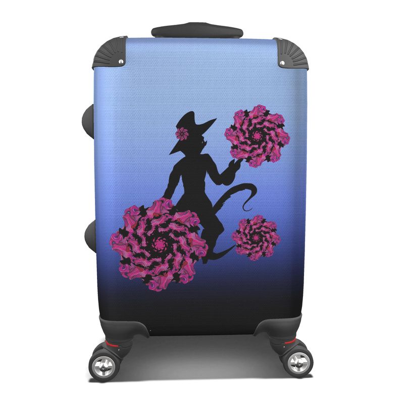 Designer-Handgepäck-Koffer mit Märchenmotiv Gestiefelter Kater als Blumenspender, Farbverlauf von Himmelblau bis Schwarz, kunstvolles Design