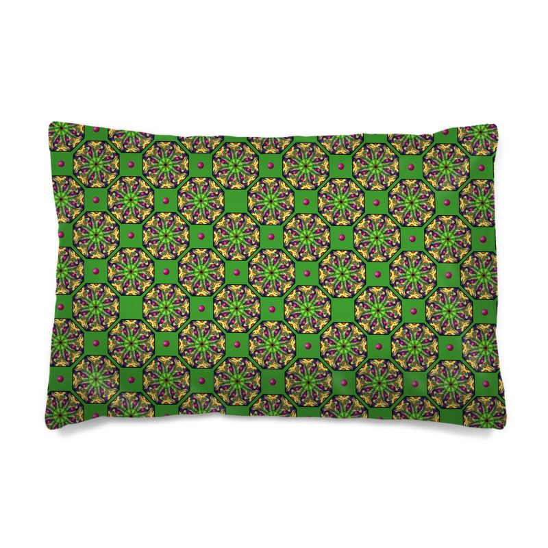 Designer-Kissenbezug Sonnenblumencharakter mit kaleidoskopischen Ornamenten in Moosgrün und Gold auf weißem Untergrund, Bio-Baumwolle 300 Fadenzahl
