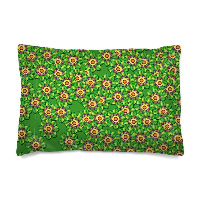 Nahaufnahme Designer-Kissenbezug Sonnenblumencharakter zeigt detaillierte geometrische Muster und hochwertige Verarbeitung der Bio-Baumwolle
