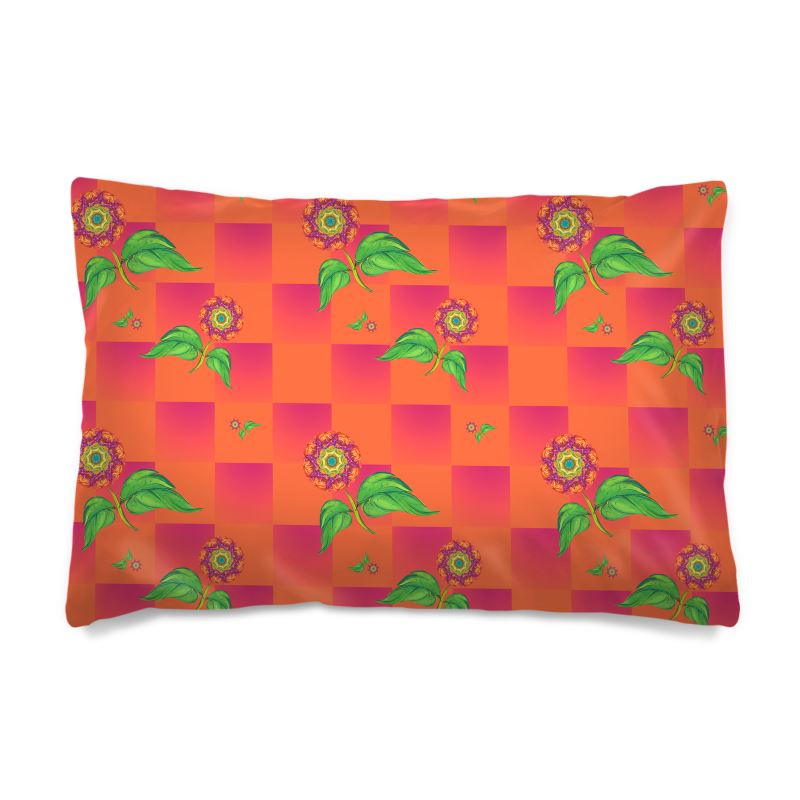Designer-Kissenbezug Pusteblume mit zarten schwebenden Pusteblumen-Motiven auf warmem orangefarbenem Hintergrund, Bio-Baumwolle 300 Fadenzahl
