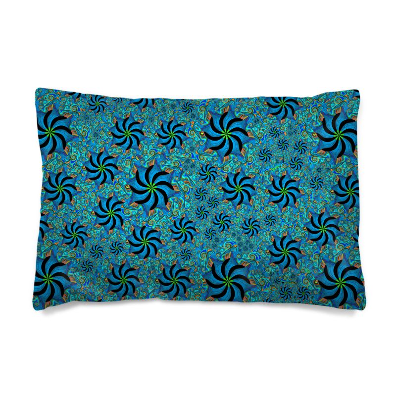 Designer-Kissenbezug Radiale Harmonie mit zahnradartigen geometrischen Ornamenten in kühlem Türkisblau, Bio-Baumwolle 300 Fadenzahl
