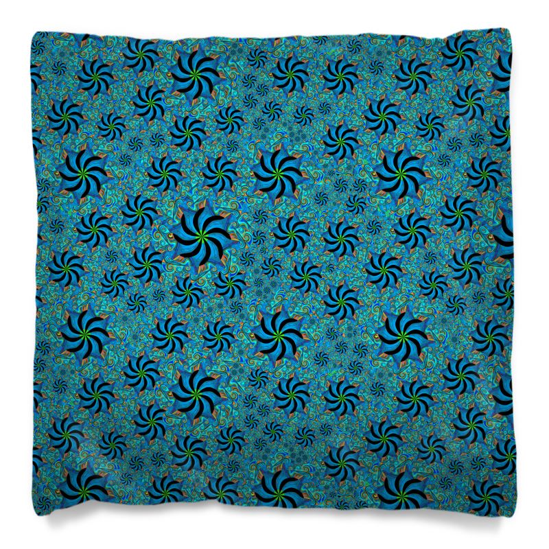 Designer-Kissenbezug Radiale Harmonie in Türkisblau – Detailansicht der kunstvollen radialen Ornamente und Premium-Qualität