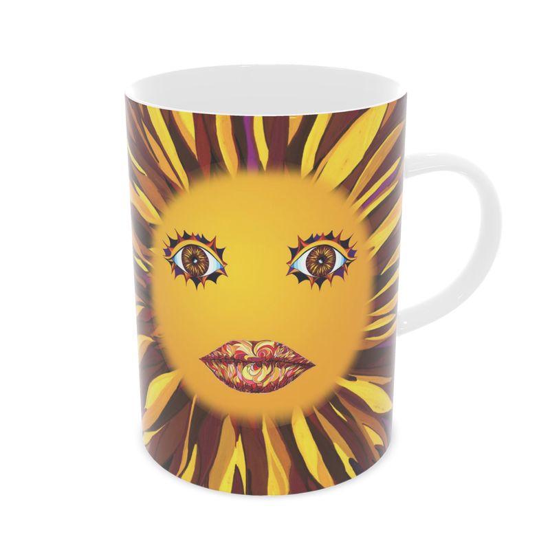Designer-Becher aus Bone China mit strahlendem Sonnengesicht-Motiv in leuchtenden Farben
